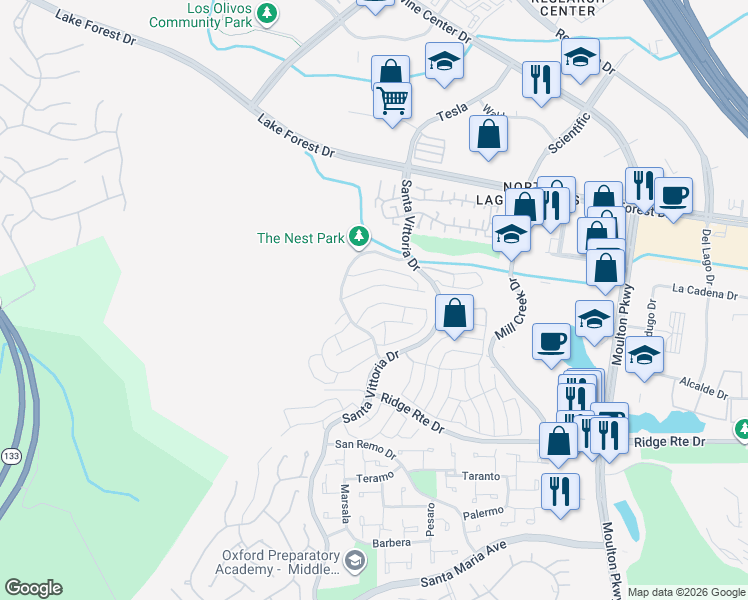 map of restaurants, bars, coffee shops, grocery stores, and more near 22265 Caminito Mescalero in Laguna Hills