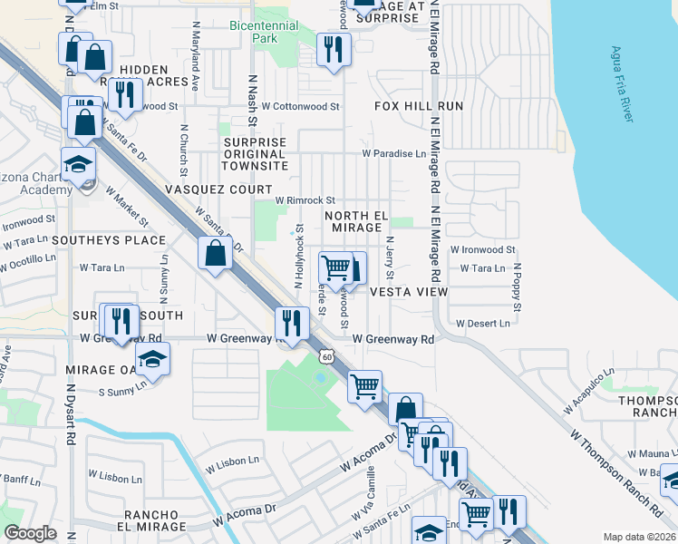 map of restaurants, bars, coffee shops, grocery stores, and more near 15620 North Greasewood Street in Surprise