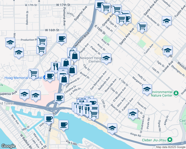 map of restaurants, bars, coffee shops, grocery stores, and more near 465 Santa Ana Avenue in Newport Beach