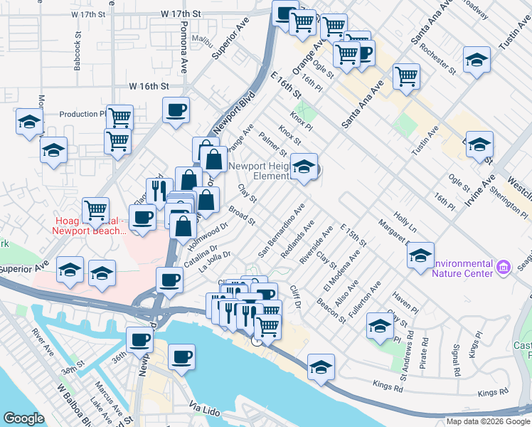map of restaurants, bars, coffee shops, grocery stores, and more near 465 Santa Ana Avenue in Newport Beach