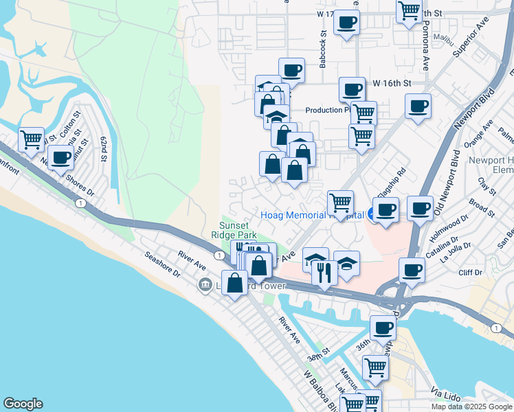 map of restaurants, bars, coffee shops, grocery stores, and more near 12 Barlovento Court in Newport Beach