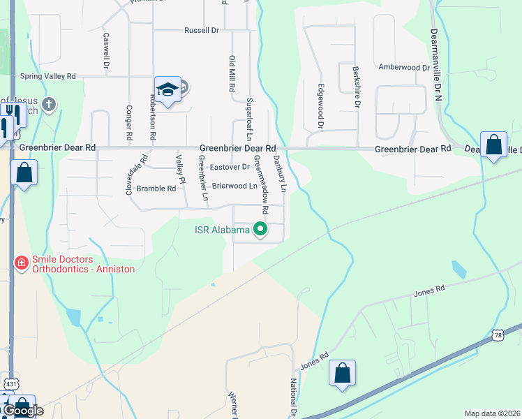 map of restaurants, bars, coffee shops, grocery stores, and more near 4127 Southbury Lane in Anniston