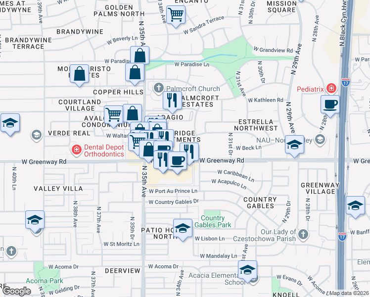 map of restaurants, bars, coffee shops, grocery stores, and more near 3250 West Greenway Road in Phoenix