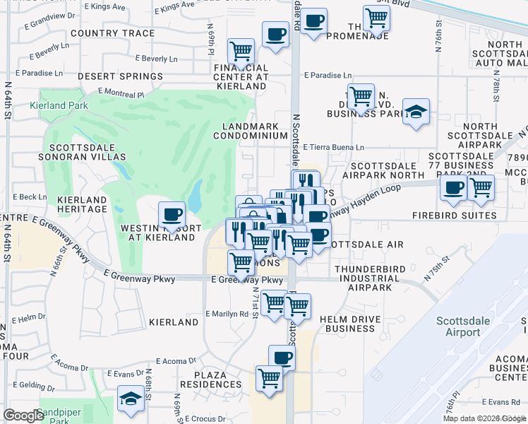 map of restaurants, bars, coffee shops, grocery stores, and more near 7160 East Kierland Boulevard in Scottsdale