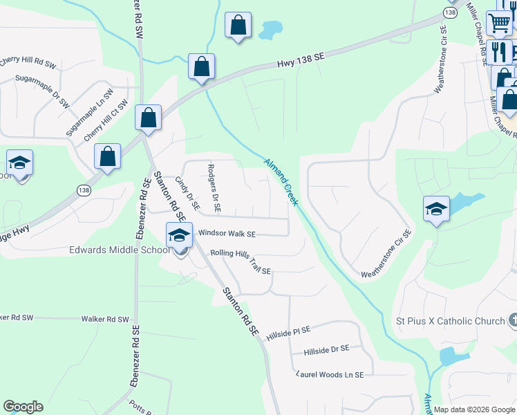 map of restaurants, bars, coffee shops, grocery stores, and more near 4402 Cindy Place Southeast in Conyers