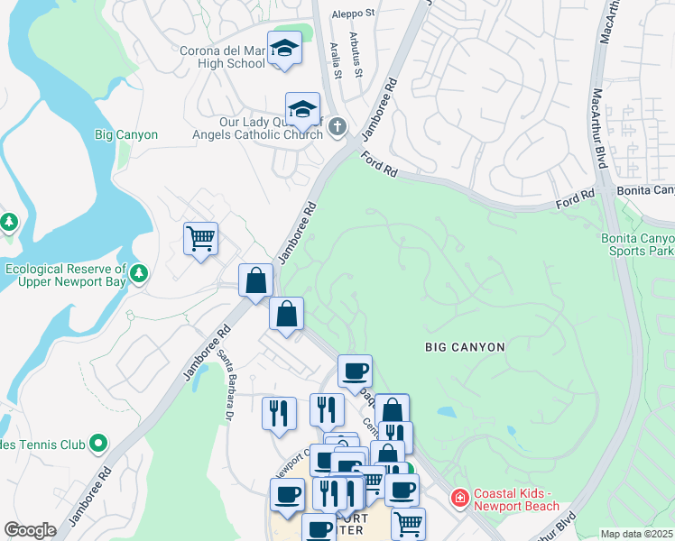 map of restaurants, bars, coffee shops, grocery stores, and more near 19 Rue Cannes in Newport Beach