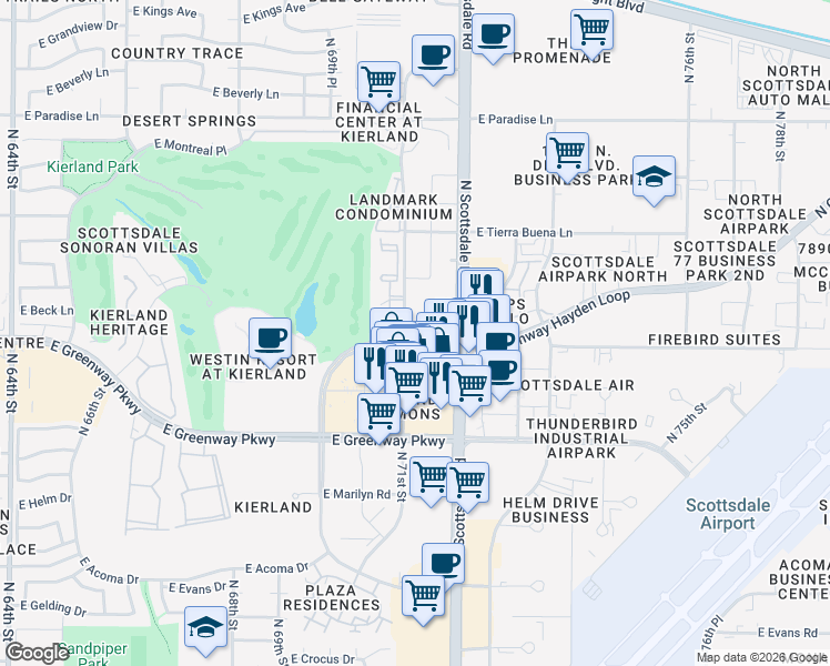 map of restaurants, bars, coffee shops, grocery stores, and more near 15233 North Kierland Boulevard in Scottsdale