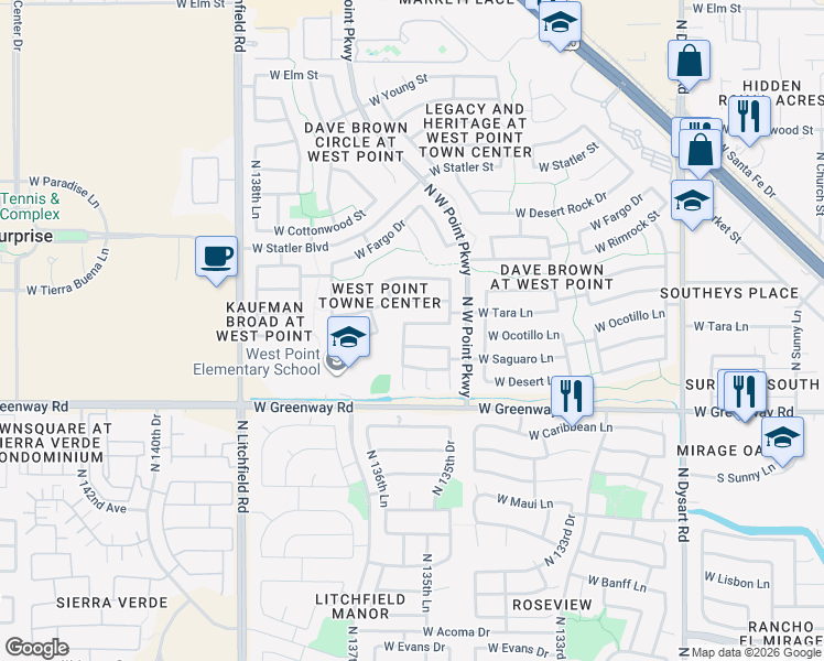 map of restaurants, bars, coffee shops, grocery stores, and more near 13599 West Saguaro Lane in Surprise