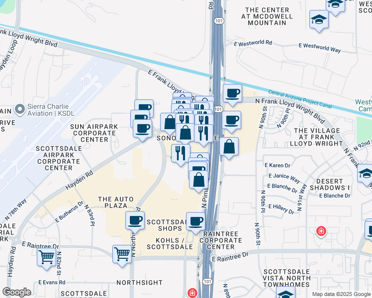 map of restaurants, bars, coffee shops, grocery stores, and more near 15449 North Hayden Road in Scottsdale