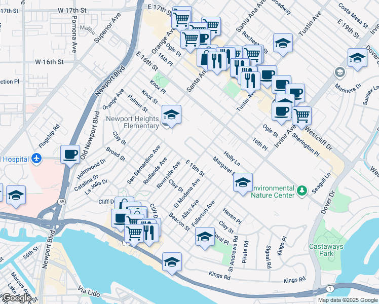 map of restaurants, bars, coffee shops, grocery stores, and more near 381 La Perle Lane in Costa Mesa