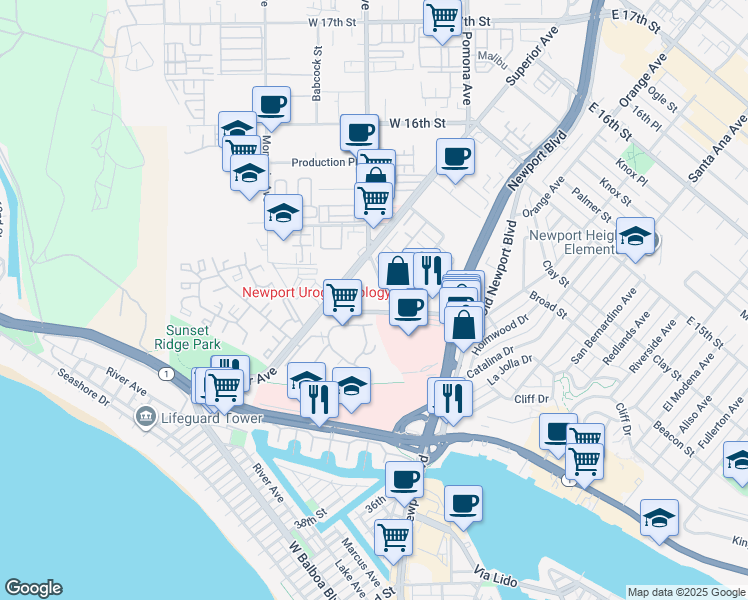 map of restaurants, bars, coffee shops, grocery stores, and more near 307 Placentia Avenue in Newport Beach