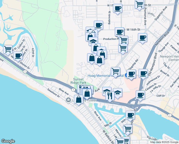 map of restaurants, bars, coffee shops, grocery stores, and more near 12 Barlovento Court in Newport Beach