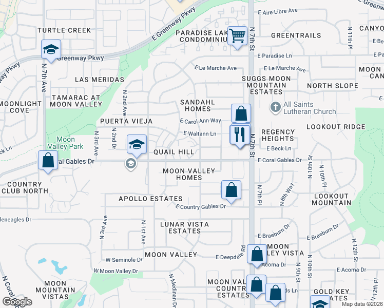 map of restaurants, bars, coffee shops, grocery stores, and more near 225 East Coral Gables Drive in Phoenix