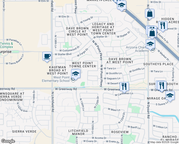 map of restaurants, bars, coffee shops, grocery stores, and more near 13589 West Ocotillo Lane in Surprise