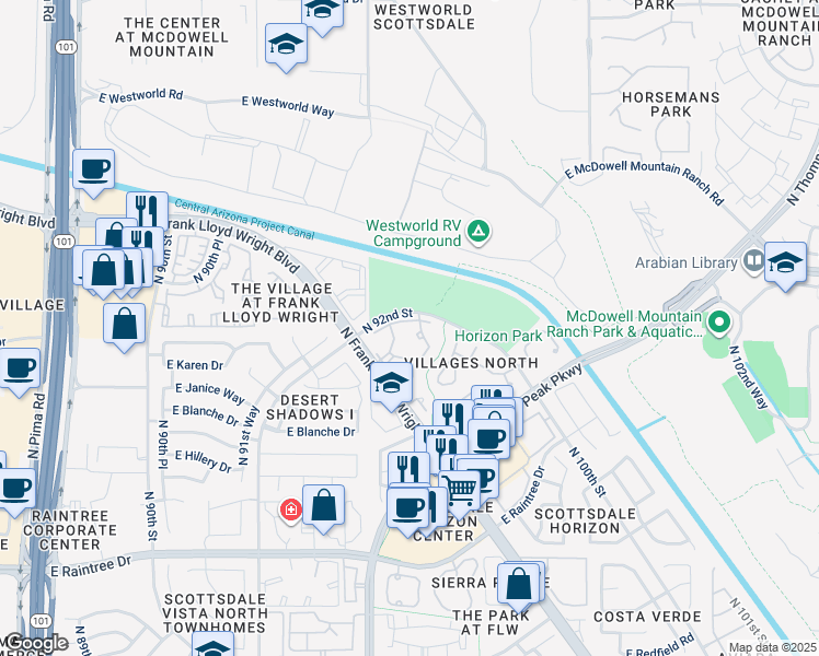 map of restaurants, bars, coffee shops, grocery stores, and more near 15255 North Frank Lloyd Wright Boulevard in Scottsdale