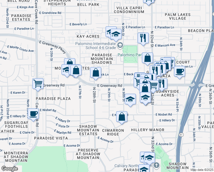 map of restaurants, bars, coffee shops, grocery stores, and more near 2848 East Michael Drive in Phoenix