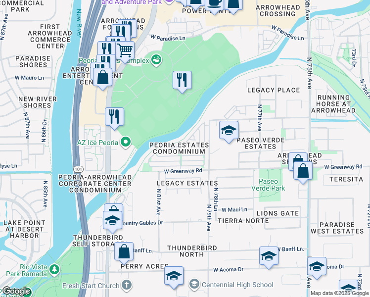 map of restaurants, bars, coffee shops, grocery stores, and more near 8045 West Mary Jane Lane in Peoria