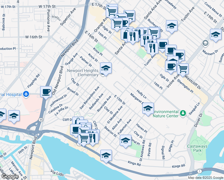 map of restaurants, bars, coffee shops, grocery stores, and more near 392 East 15th Street in Costa Mesa