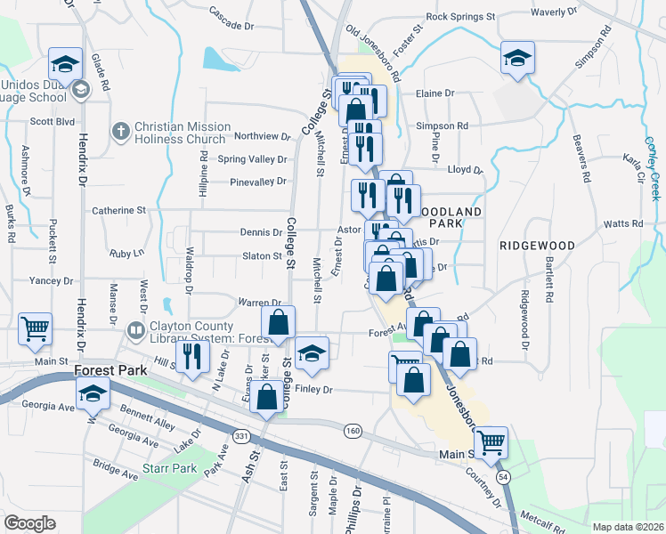 map of restaurants, bars, coffee shops, grocery stores, and more near 4722 Ernest Drive in Forest Park