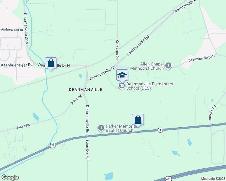 map of restaurants, bars, coffee shops, grocery stores, and more near 130 School Road in Anniston