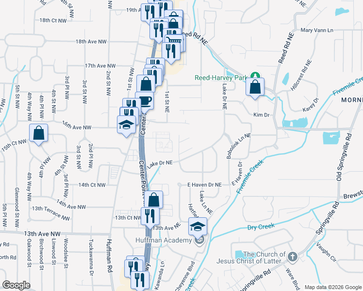 map of restaurants, bars, coffee shops, grocery stores, and more near 1705 Lake Park Circle in Center Point