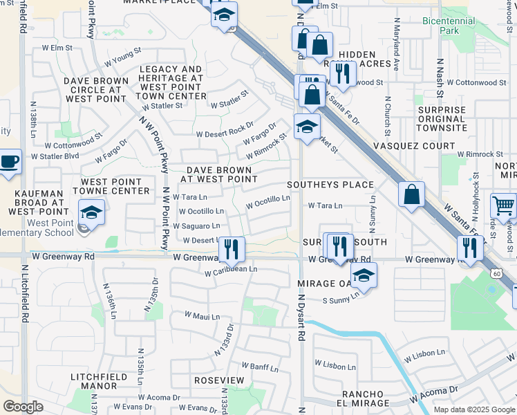 map of restaurants, bars, coffee shops, grocery stores, and more near 13187 West Saguaro Lane in Surprise