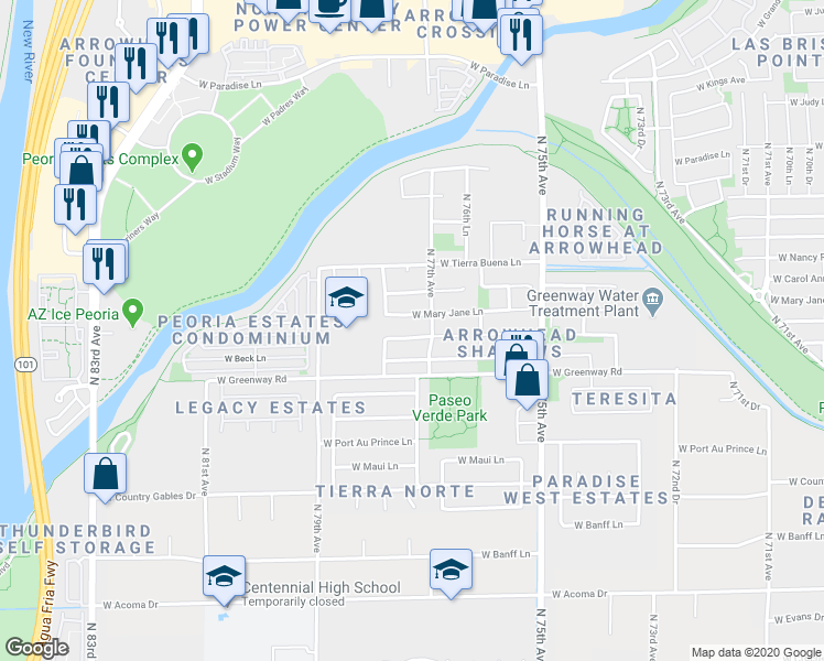 map of restaurants, bars, coffee shops, grocery stores, and more near 7728 West Karen Lee Lane in Peoria