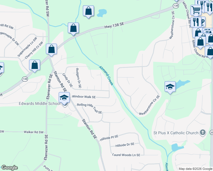 map of restaurants, bars, coffee shops, grocery stores, and more near 405 Stanton Ridge Way Southeast in Conyers