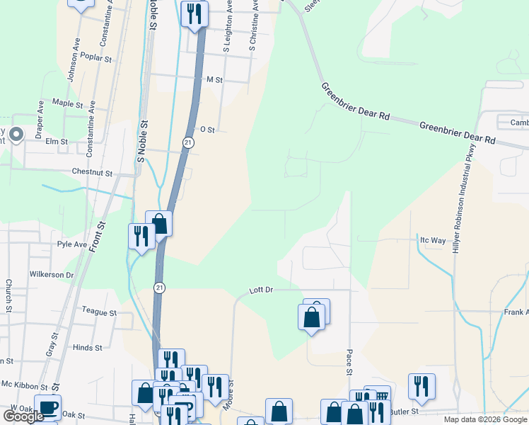 map of restaurants, bars, coffee shops, grocery stores, and more near 1219 Eagle Pass Way in Anniston
