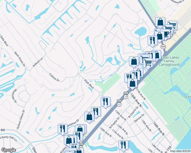 map of restaurants, bars, coffee shops, grocery stores, and more near 120 Pacific Commons Drive in Myrtle Beach