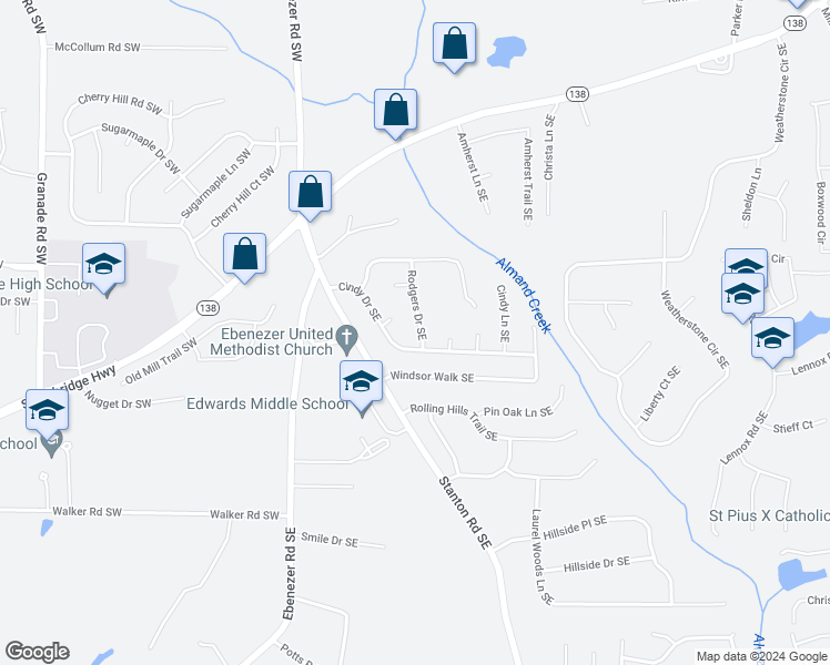 map of restaurants, bars, coffee shops, grocery stores, and more near 2403 Rodgers Drive Southeast in Conyers