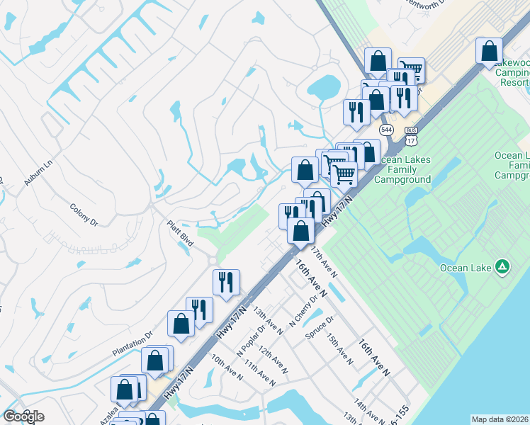 map of restaurants, bars, coffee shops, grocery stores, and more near 1616 Azalea Drive in Surfside Beach