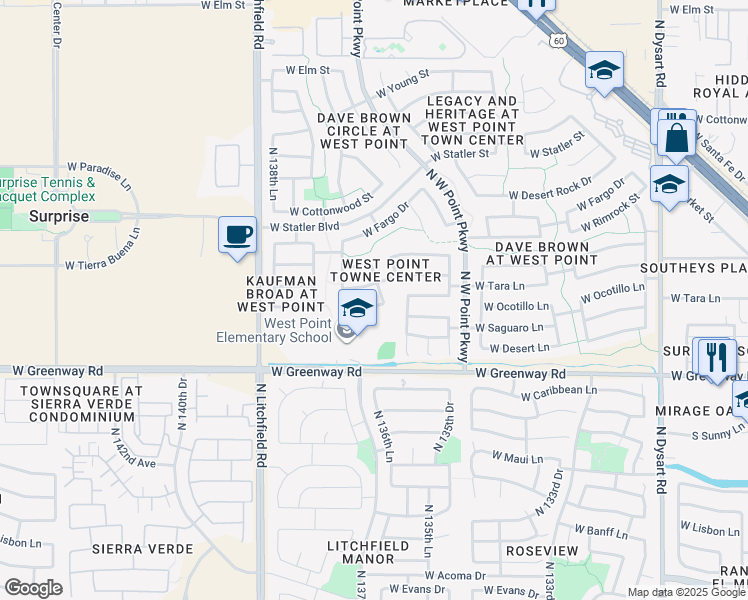 map of restaurants, bars, coffee shops, grocery stores, and more near 13668 West Ocotillo Lane in Surprise