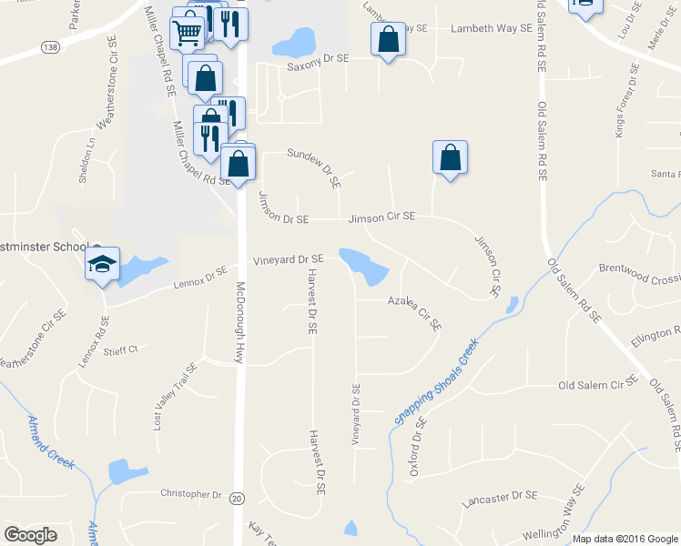 map of restaurants, bars, coffee shops, grocery stores, and more near 1095 Vineyard Dr SE in Conyers