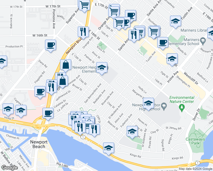 map of restaurants, bars, coffee shops, grocery stores, and more near 543 Redlands Avenue in Newport Beach