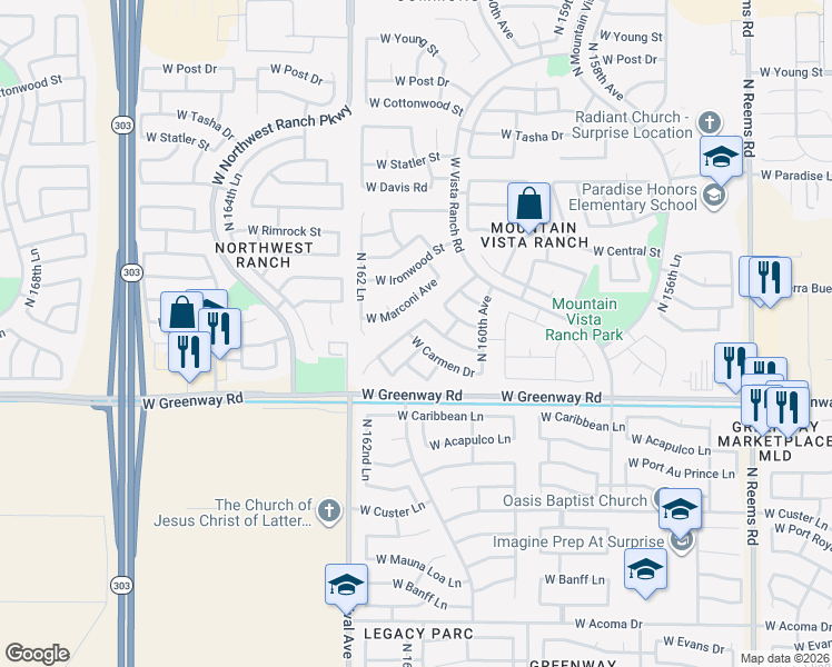 map of restaurants, bars, coffee shops, grocery stores, and more near 16070 West Carmen Drive in Surprise