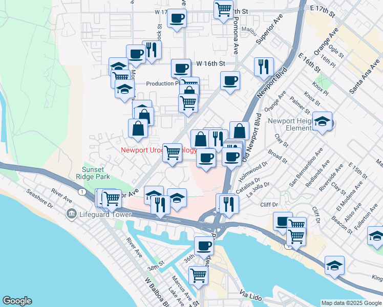 map of restaurants, bars, coffee shops, grocery stores, and more near 307 Placentia Avenue in Newport Beach