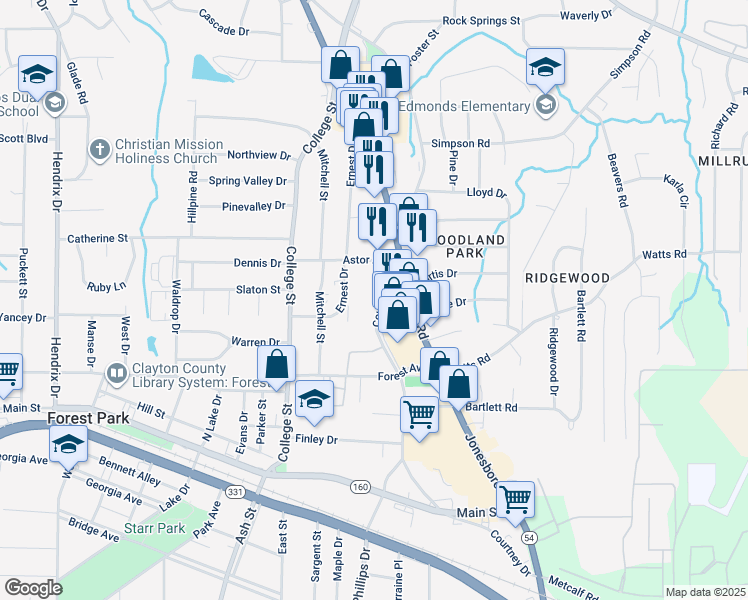 map of restaurants, bars, coffee shops, grocery stores, and more near 4671 Courtney Drive in Forest Park