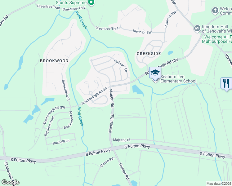map of restaurants, bars, coffee shops, grocery stores, and more near 4750 Scarborough Road Southwest in Atlanta