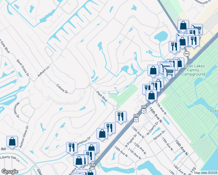 map of restaurants, bars, coffee shops, grocery stores, and more near 900 Deer Creek Road in Myrtle Beach