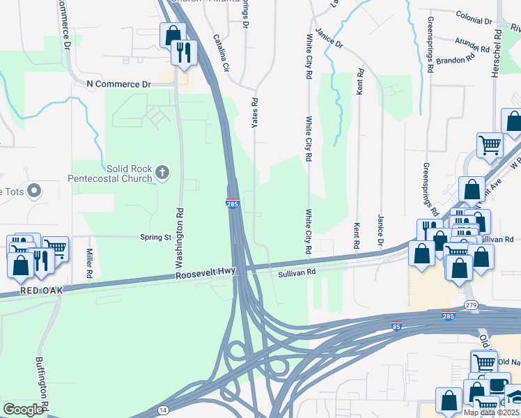 map of restaurants, bars, coffee shops, grocery stores, and more near 4790 Yates Road in College Park