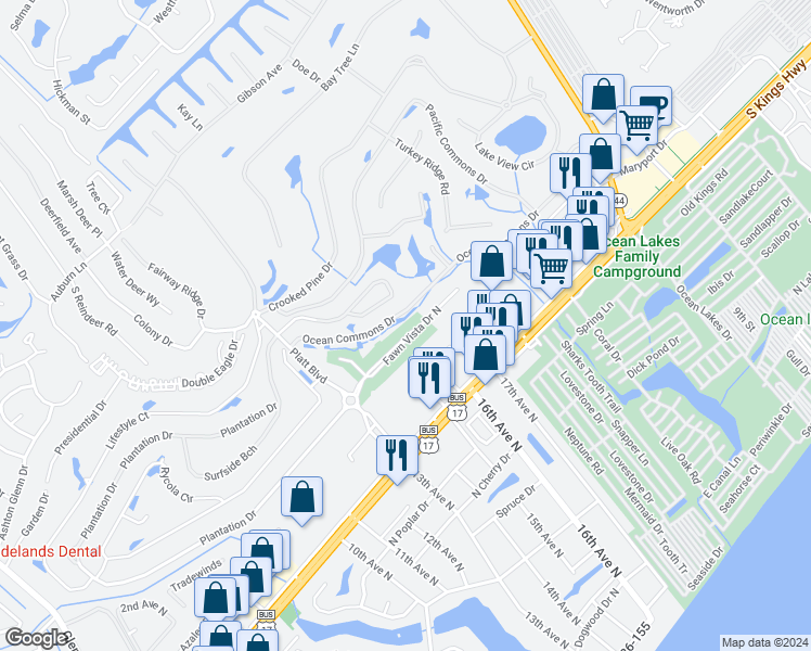 map of restaurants, bars, coffee shops, grocery stores, and more near 1609 Fawn Vista Drive North in Myrtle Beach