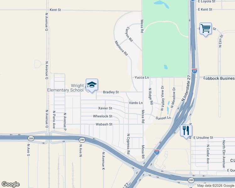 map of restaurants, bars, coffee shops, grocery stores, and more near 900-1198 Bradley Street in Lubbock