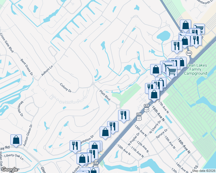 map of restaurants, bars, coffee shops, grocery stores, and more near 600 Deer Creek Road in Surfside Beach