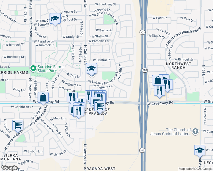 map of restaurants, bars, coffee shops, grocery stores, and more near 16954 West Saguaro Lane in Surprise