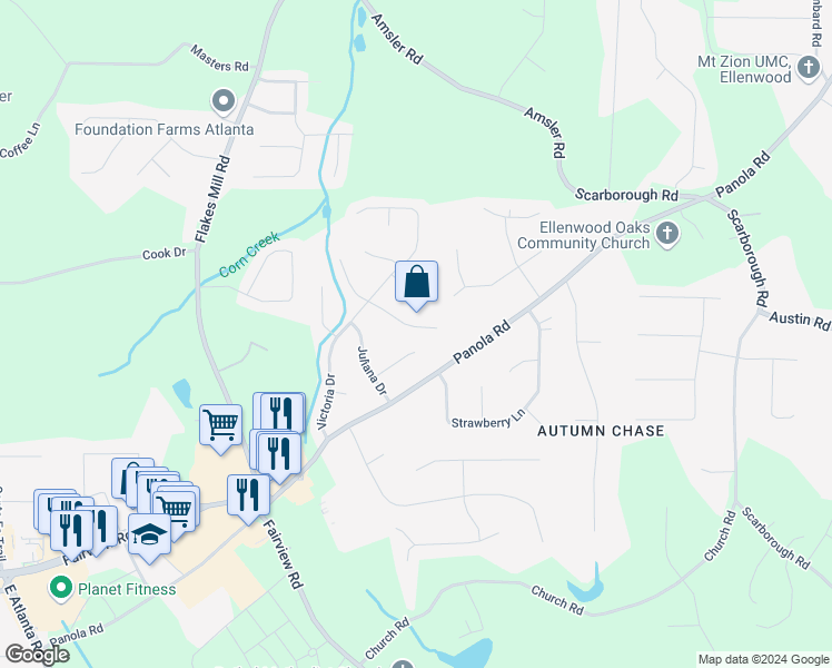 map of restaurants, bars, coffee shops, grocery stores, and more near 95 Wilhelmina Drive in Ellenwood