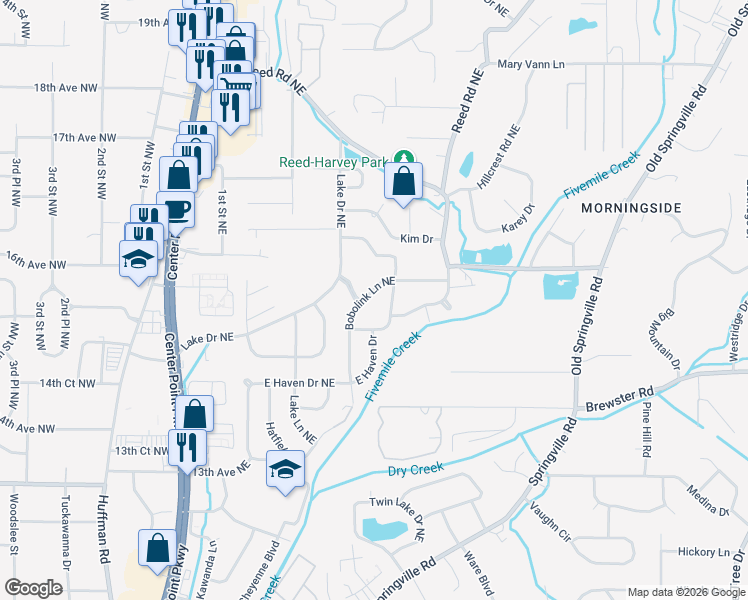 map of restaurants, bars, coffee shops, grocery stores, and more near 208 Meadwood Drive Northeast in Center Point