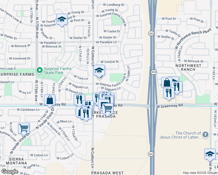 map of restaurants, bars, coffee shops, grocery stores, and more near 17020 West Saguaro Lane in Surprise
