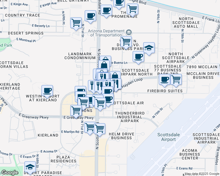 map of restaurants, bars, coffee shops, grocery stores, and more near 1544 North Greenway Hayden Loop in Scottsdale