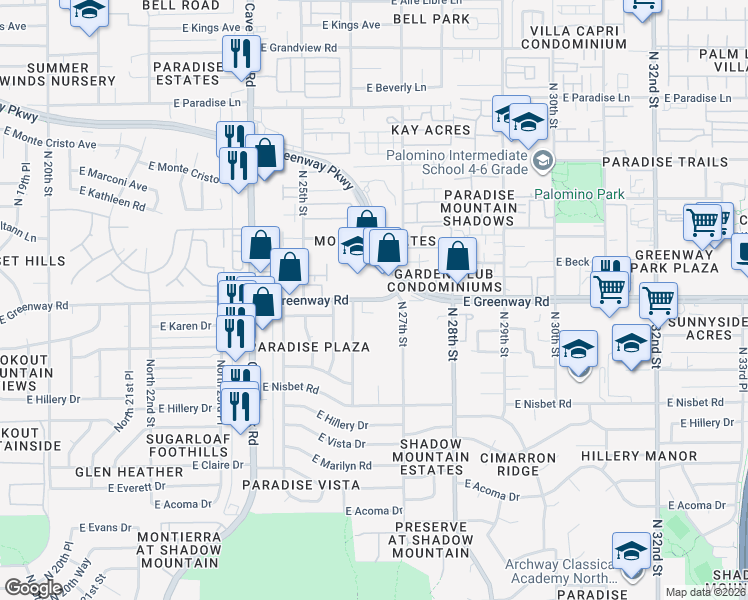 map of restaurants, bars, coffee shops, grocery stores, and more near 2616 East Greenway Road in Phoenix
